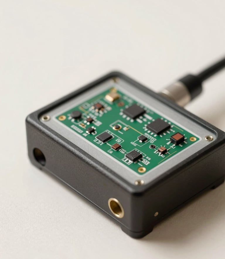 Close-up of industrial-grade welding control cards for pipe machinery, precision micro-electronics, shallow depth of field, neutral soft off-white background in a professional setting.