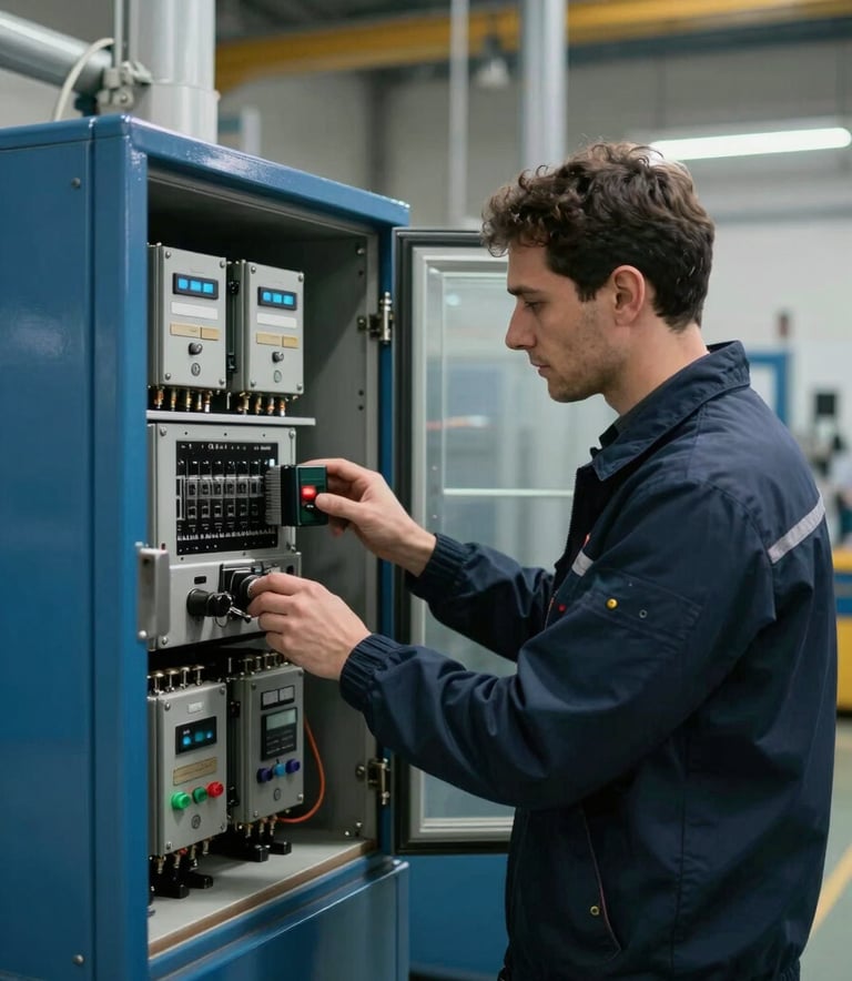 A professional engineer in a modern Turkish / Anatolian industrial facility inspecting a sophisticated AC driver panel, focused lighting, steel blue and dark navy tones, industrial machinery in the background.