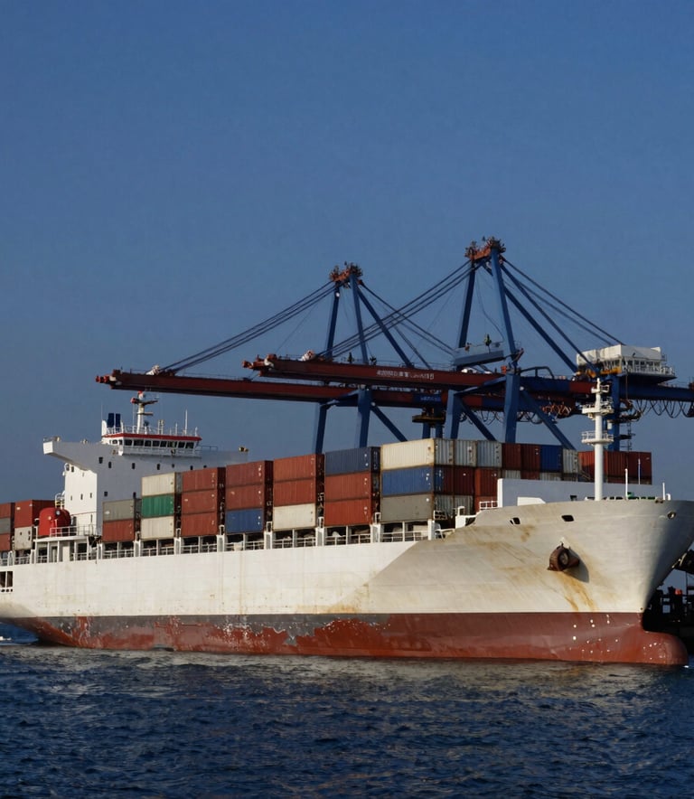 A wide-angle landscape shot of a massive container vessel docked at a deep-sea port during the blue hour, dark blue and off-white color palette, sleek and powerful composition, International / Global.