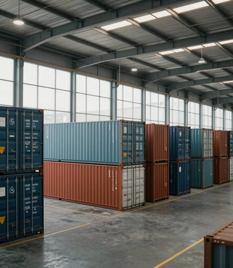 A wide-angle shot of a clean, modern logistics warehouse interior with organized stacks of shipping containers, soft daylight filtering through high windows, professional International / Global setting.