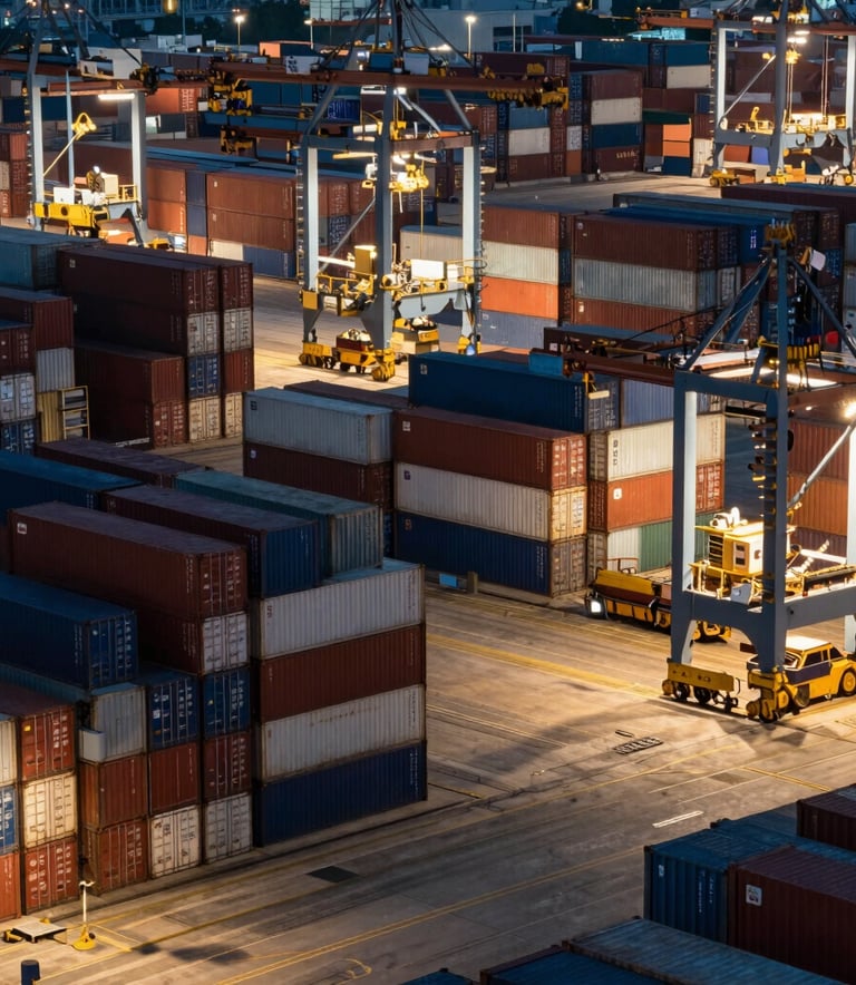 High-angle view of a bustling international cargo port at night, bright industrial lights reflecting off stacked multi-colored shipping containers, efficient and organized logistics operations.
