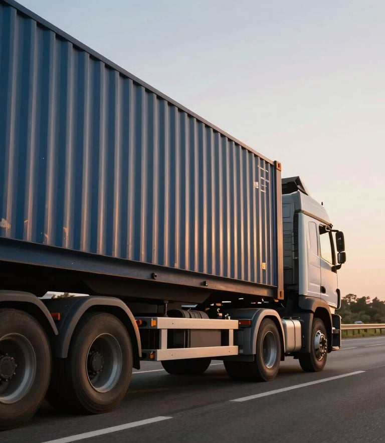 A close-up of a modern heavy-duty logistics truck transporting a shipping container along a clean, multi-lane highway, soft sunset lighting with amber and muted blue tones, professional and reliable atmosphere, International / Global.