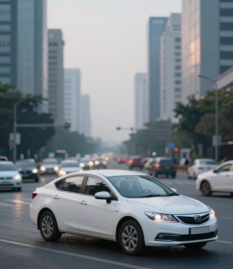 A wide-angle, professional photograph of a white sedan cab driving through a clean, modern Lucknow intersection at dawn. The lighting is soft and corporate, emphasizing safety and reliability. Subtle blue tones from #2A6190 are present in the sky and environment reflections.