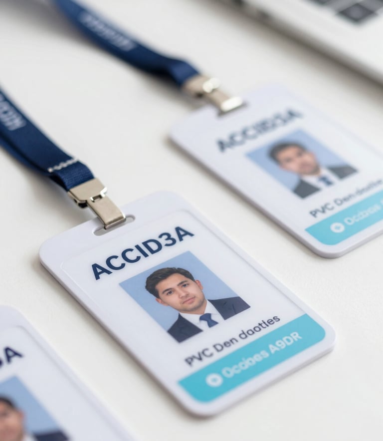 A close-up shot of professional PVC ID cards (Aadhaar, PAN, and Corporate IDs) neatly displayed on a minimalist white desk. The image has clean, sharp edges and uses a lighting style that highlights the high-quality print texture. Color accents include #0C1D3F and #A9D1EF for a professional feel.