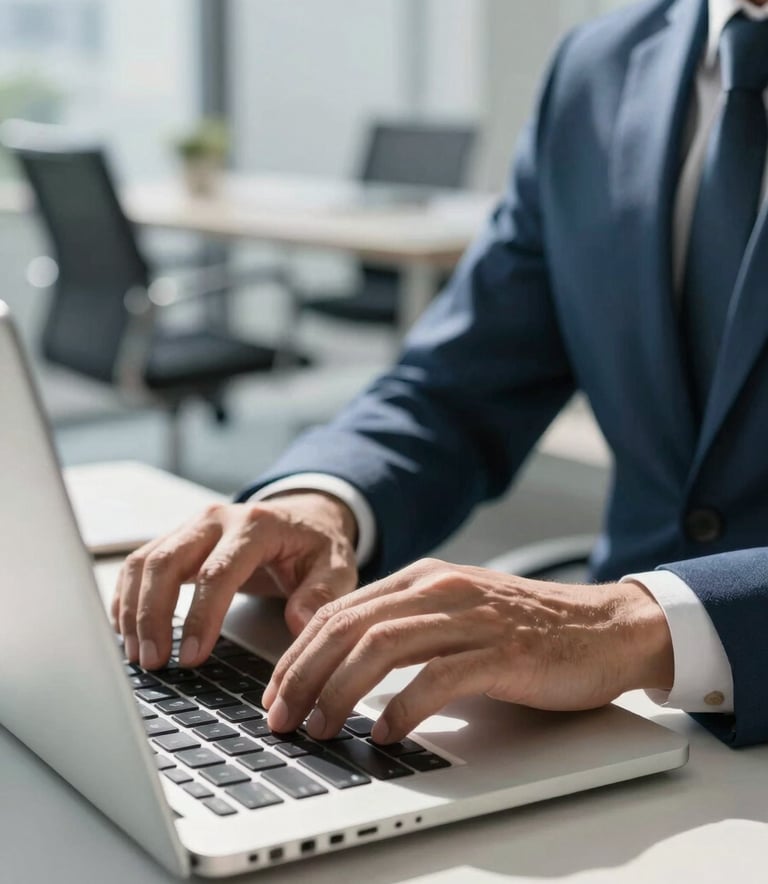 A close-up of a professional in business attire working on a sleek laptop in a modern, sunlit North American office. The focus is on the hands and device, with a blurred background of a sophisticated workspace using a color palette of slate blue and light gray.