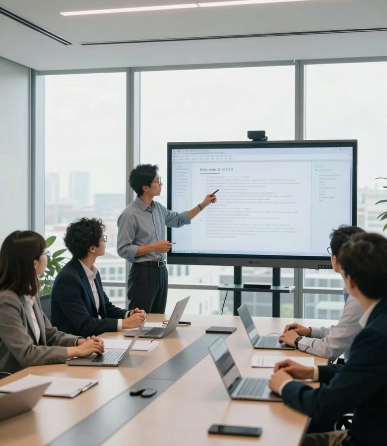 A collaborative team meeting in a high-tech North American conference room with floor-to-ceiling windows, professionals interacting with a large digital whiteboard, bright and airy professional atmosphere.