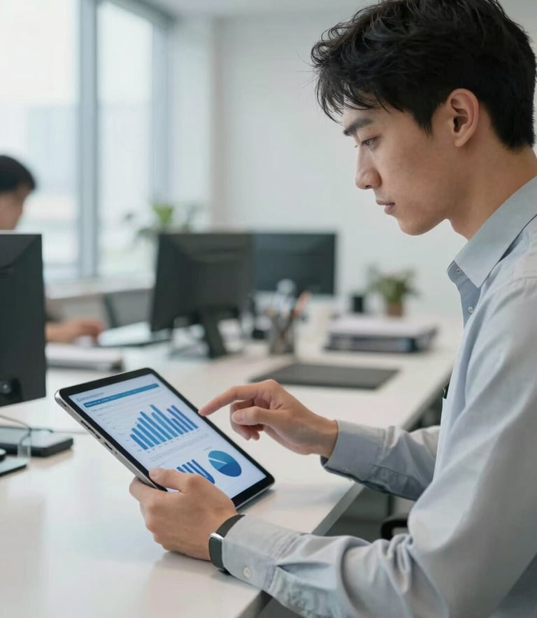 A focused professional in a modern North American corporate office suite using a sleek tablet to interact with business analytics, soft natural lighting, reflecting a steel and ghost white color palette.