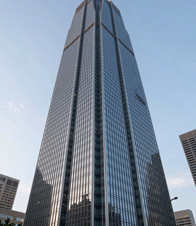 A wide, low-angle shot of a striking modern skyscraper in a North American business district, reflecting a clear sky. The image emphasizes innovation and architectural sophistication with clean blue and gray tones.