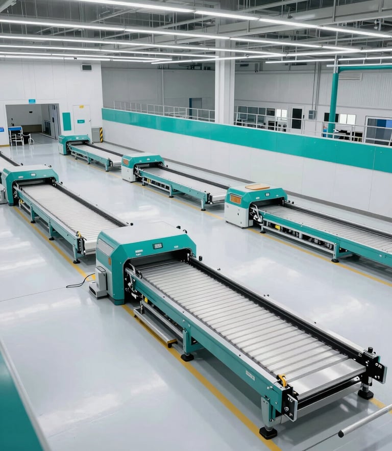 A cinematic wide-angle photograph of a futuristic logistics hub with automated sorting systems in a North American setting. The design is clean and professional, featuring white floors, teal accents, and bright, precision lighting.