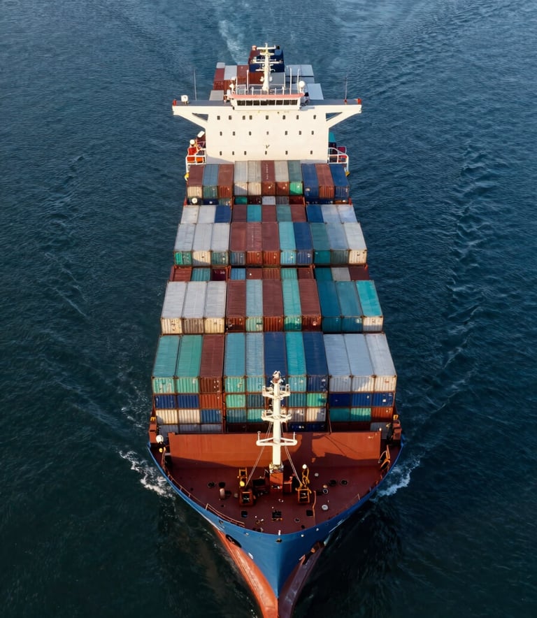 An aerial professional photograph of a massive container ship entering a modern harbor at sunrise. The water is a deep dark blue, and the stacks of white and teal containers are perfectly organized, representing global efficiency.