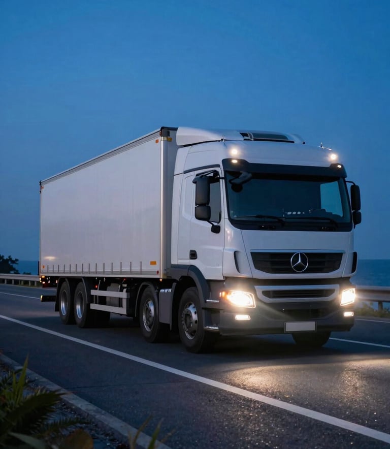 A professional long-exposure photograph of a logistics transport truck moving along a coastal highway at twilight, headlamps creating streaks of white light against a dark blue sky, crisp and professional composition.