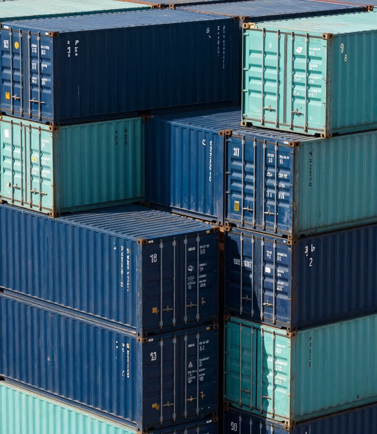 A clean, high-angle architectural photograph of neatly stacked shipping containers in shades of dark blue and teal at a modern North American shipping port, bright daylight, sharp focus on the textures of the steel.