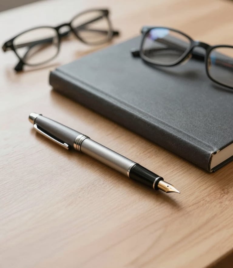 A close-up, high-angle shot of a minimalist wooden desk. On it sits a high-quality fountain pen, a professional research journal, and a pair of spectacles. The scene uses a soft morning light with colors #1F3F49 and #B8C7C9 to evoke academic depth.