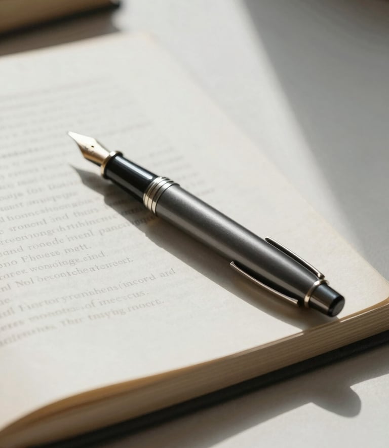 A sophisticated still life of a fountain pen resting on a scholarly manuscript, natural light from a window casting soft shadows, incorporating a color palette of #1F3F49 and #B8C7C9 for a trustworthy, academic vibe.