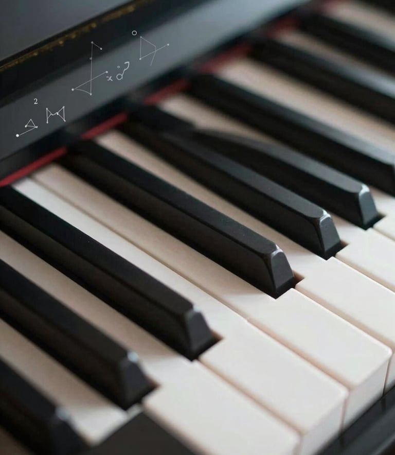 Close-up of a piano keyboard where the light hits the keys softly, with a subtle overlay of abstract mathematical symbols representing the PhD background, using tones of #527A79 and #F5F7F8.