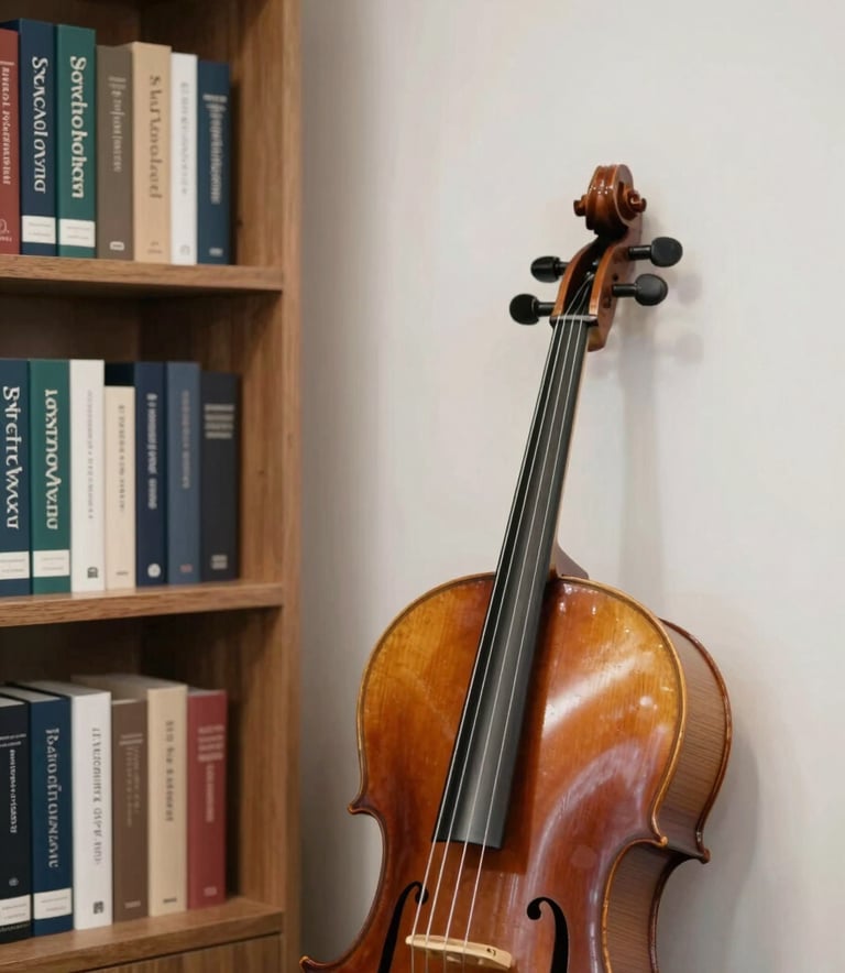 A sophisticated and inviting consultation space with a bookshelf containing academic psychology texts and a cello resting in the corner. The lighting is warm and professional, incorporating a color palette of #527A79 and #F5F7F8 to suggest academic rigor and compassion.