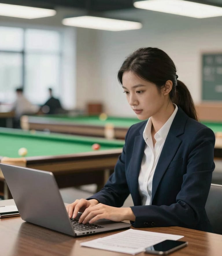 A focused club administrator using a laptop in a bright, modern clubhouse, managing an online store, with soft lighting and a professional atmosphere.