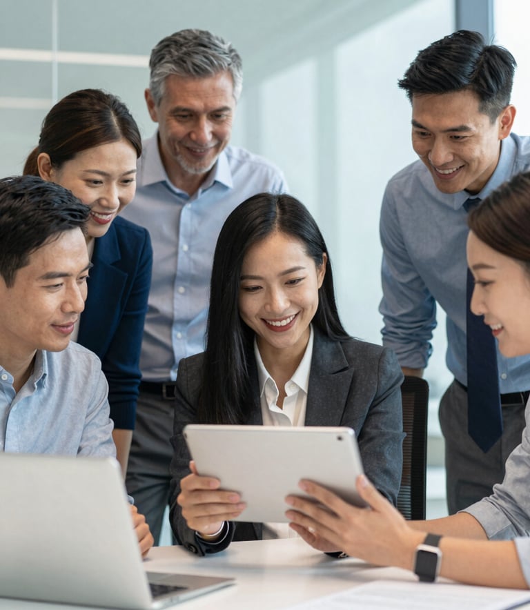 A diverse group of sports association leaders in a modern office, smiling as they look at a tablet together. The scene is bright and professional, with a streamlined aesthetic. The background features subtle touches of #7A9EAF and #F0F4F8, reflecting a collaborative and forward-thinking spirit.