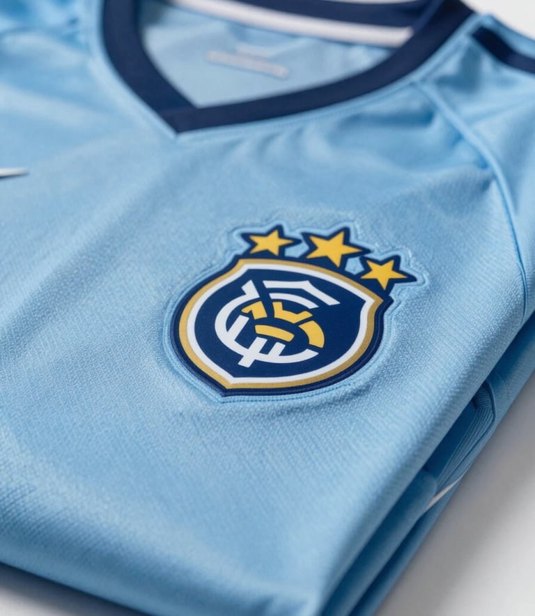 A close-up of premium, folded sports jerseys featuring a custom club logo, professionally lit with a clean aesthetic, incorporating #7A9EAF and #2F4858 tones.