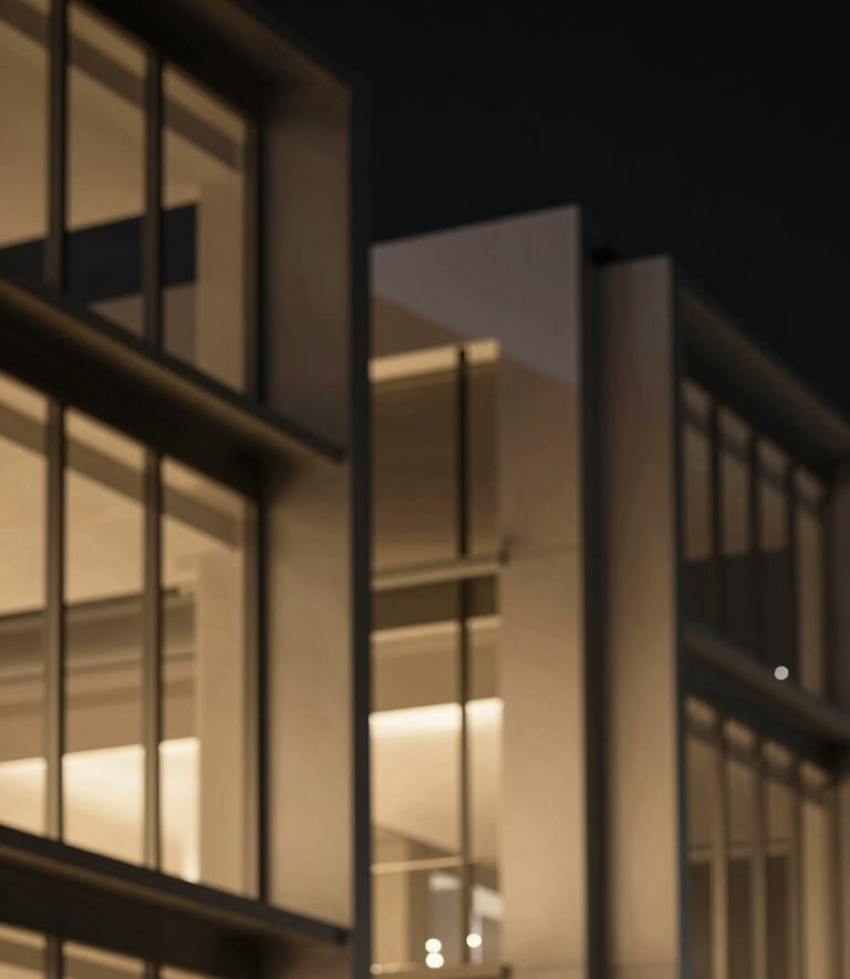 An abstract, high-end architectural shot showing sleek, precision-engineered metal structures and glass, reflecting warm gold light against a deep black night sky, symbolizing the 'Systems' built by the agency. Minimalist and ultra-professional style.