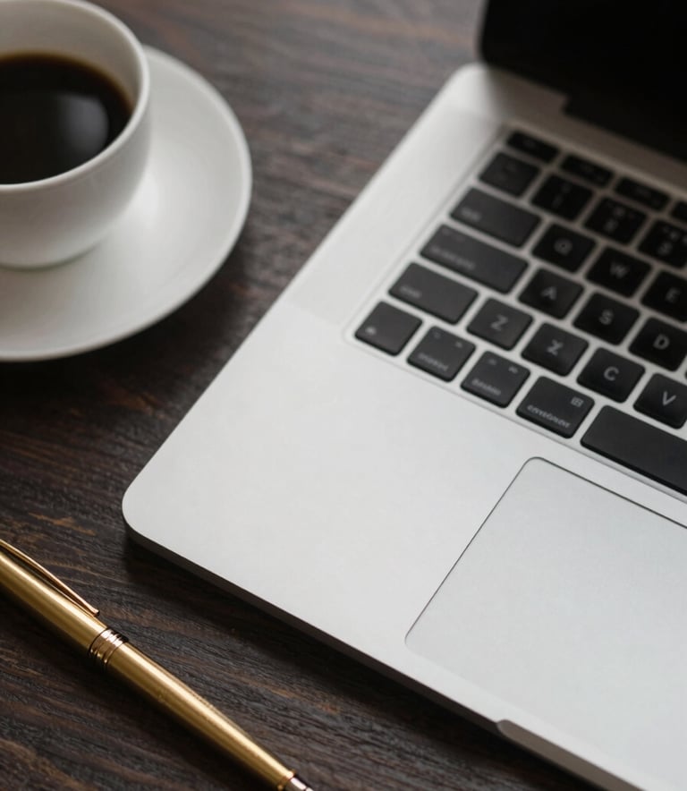 A top-down view of a designer's workspace featuring a matte black laptop, an espresso cup, and gold fountain pen. The lighting is sophisticated and directional, highlighting the premium #C9A961 and #F0F0F0 tones against a dark wood surface.