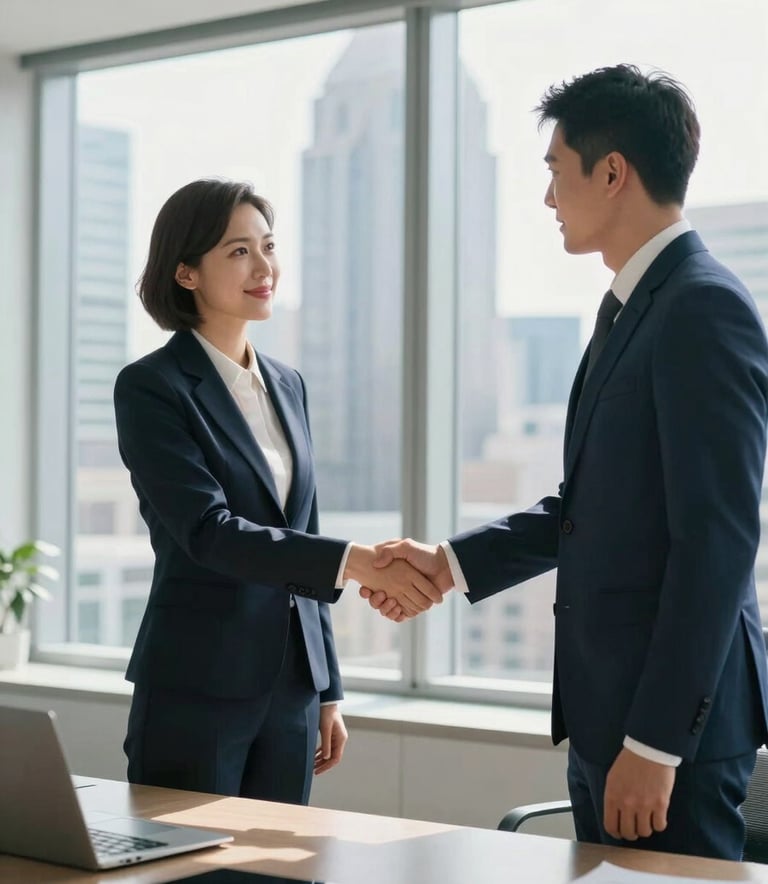 Professional corporate setting in a bright, modern office. Two professionals in sharp business attire shaking hands across a polished desk in a high-rise building. High-end North American urban skyline visible through floor-to-ceiling windows. Soft, natural lighting with tones of navy blue and white.