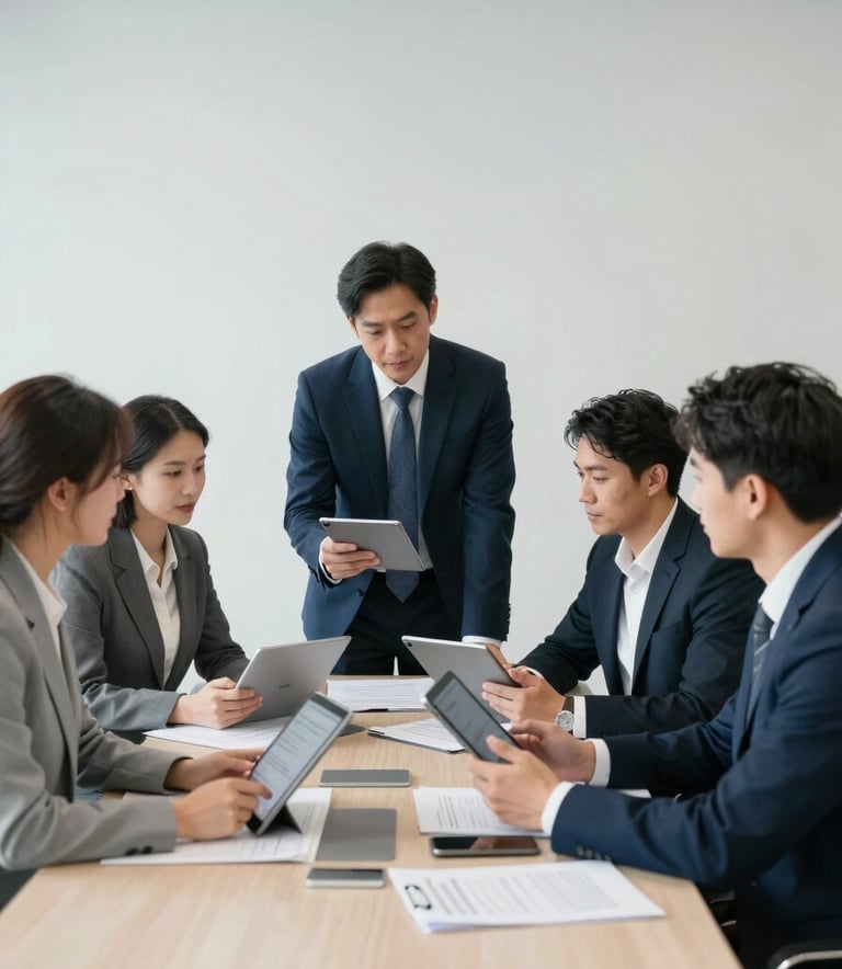 A collaborative team of HR professionals in a clean, minimalist boardroom. They are looking at tablet screens and documents in a focused discussion. Professional North American attire. Bright, airy office environment with light grey and navy blue accents.