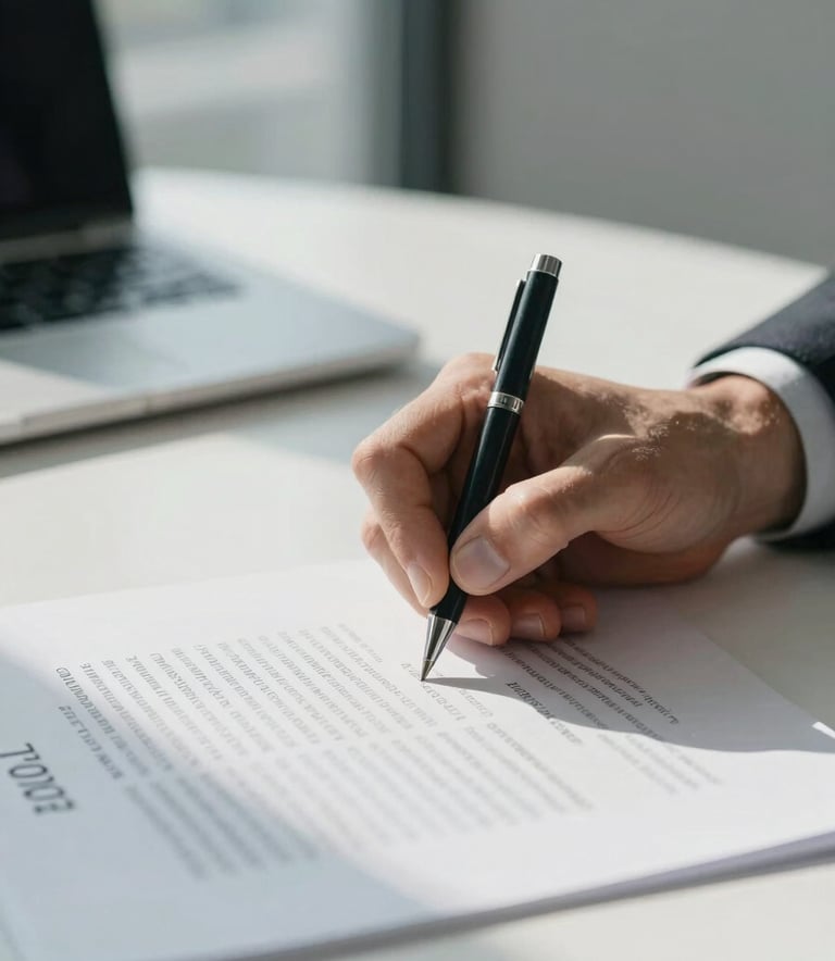 A close-up photograph of a professional's hand signing a corporate contract on a clean white desk, featuring soft blue-grey tones and natural morning light, North American / International office setting.