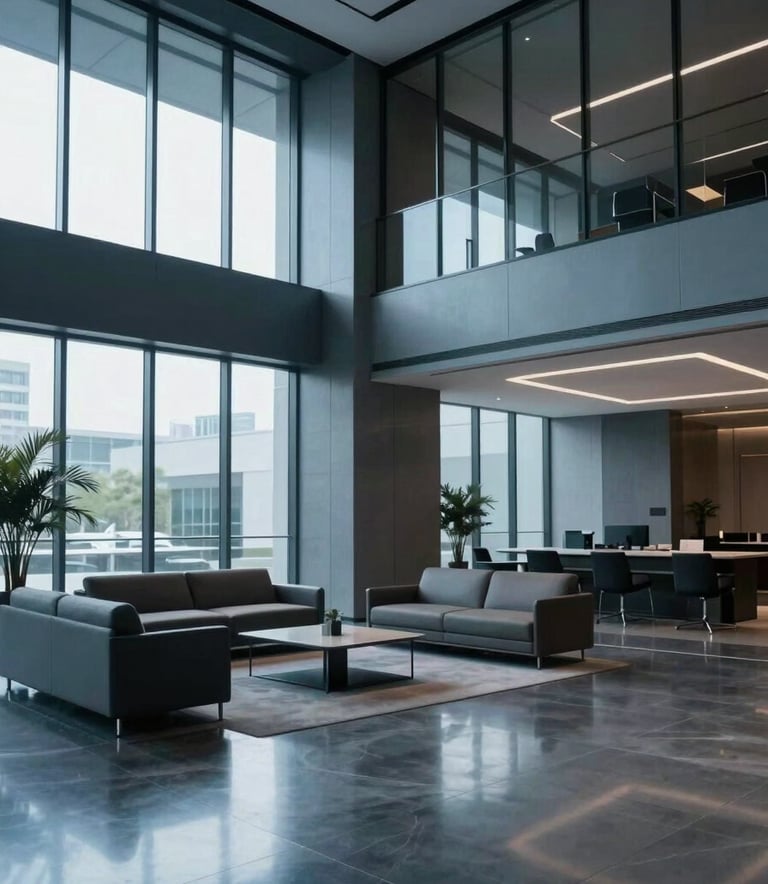 A photography of a high-end corporate office lobby with polished floors and minimalist furniture, reflecting professional muted blue and charcoal tones, North American / International architectural style.