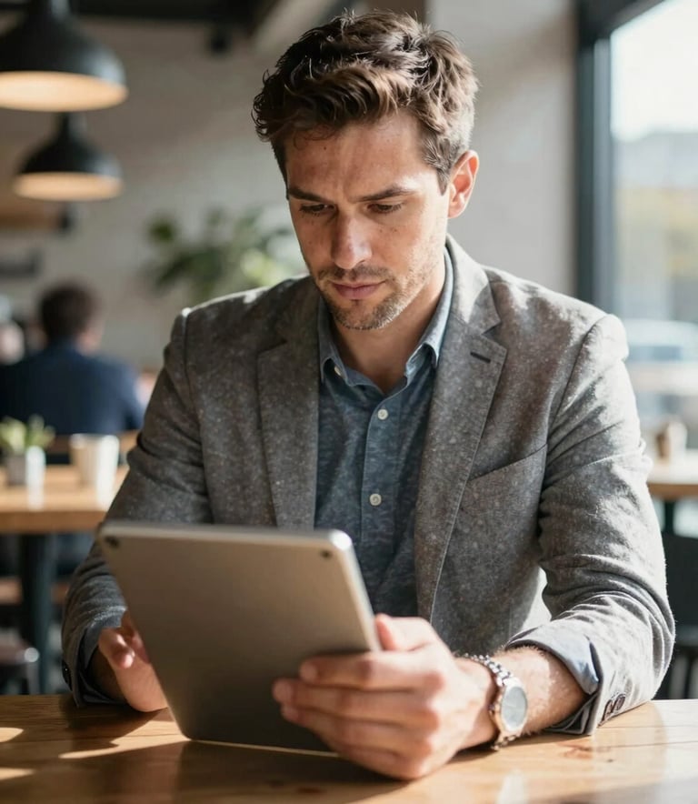 A North American entrepreneur in a casual yet professional attire, working on a tablet in a modern sunlit cafe, focused and determined expression, realistic photography.