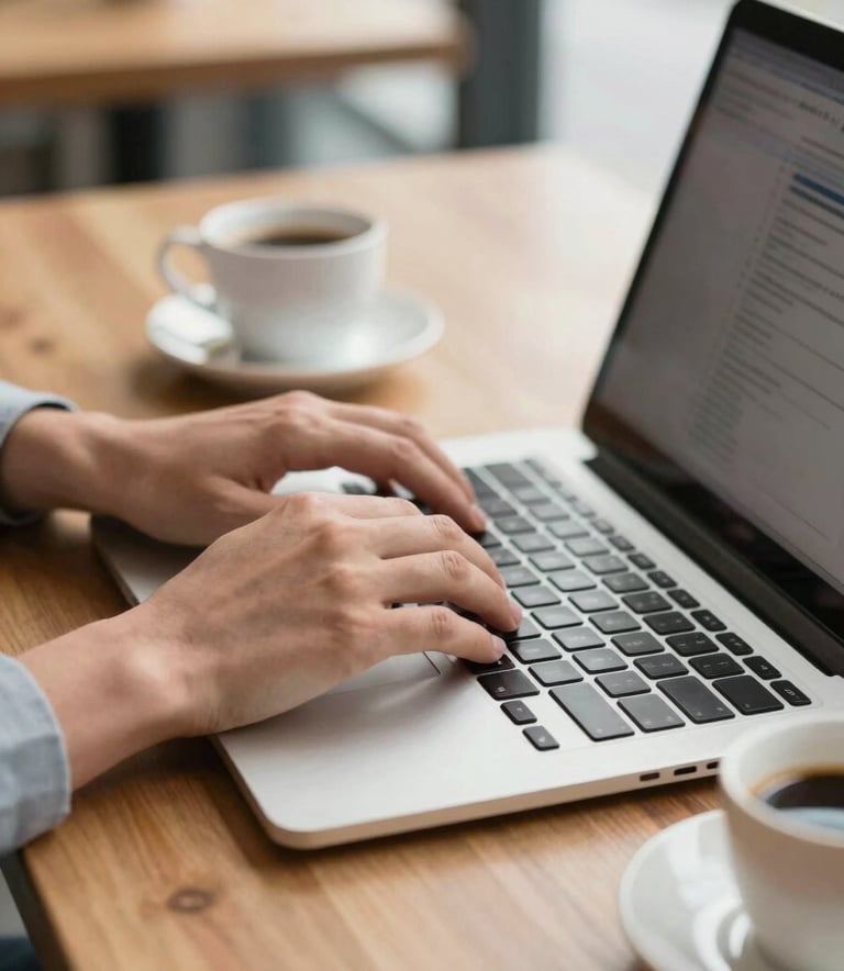 A close-up photograph of a person's hands using a laptop in a bright, modern professional workspace in North American / US setting. The scene features a warm wooden desk, a cup of coffee, and soft natural lighting to convey an approachable and professional atmosphere.