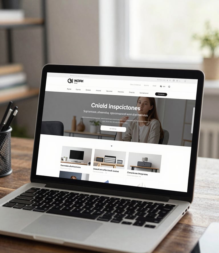 Detailed photography of a laptop screen displaying a modern, high-contrast website layout in a bright North American home office, natural daylight, professional and clean aesthetic.