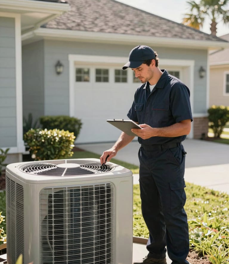 A professional HVAC technician in a dark navy uniform inspecting an outdoor air conditioning unit at a modern North American home. Mid-morning sunlight, clean composition, emphasizing reliability and expert service in a suburban Florida setting.