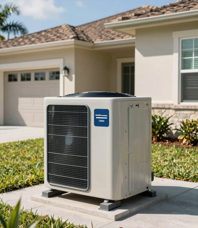 Wide-angle shot of a sleek, modern outdoor air conditioning condenser unit installed next to a well-maintained North American suburban house. Bright, sunny Florida-style lighting. Professional composition emphasizing a clean and efficient installation.