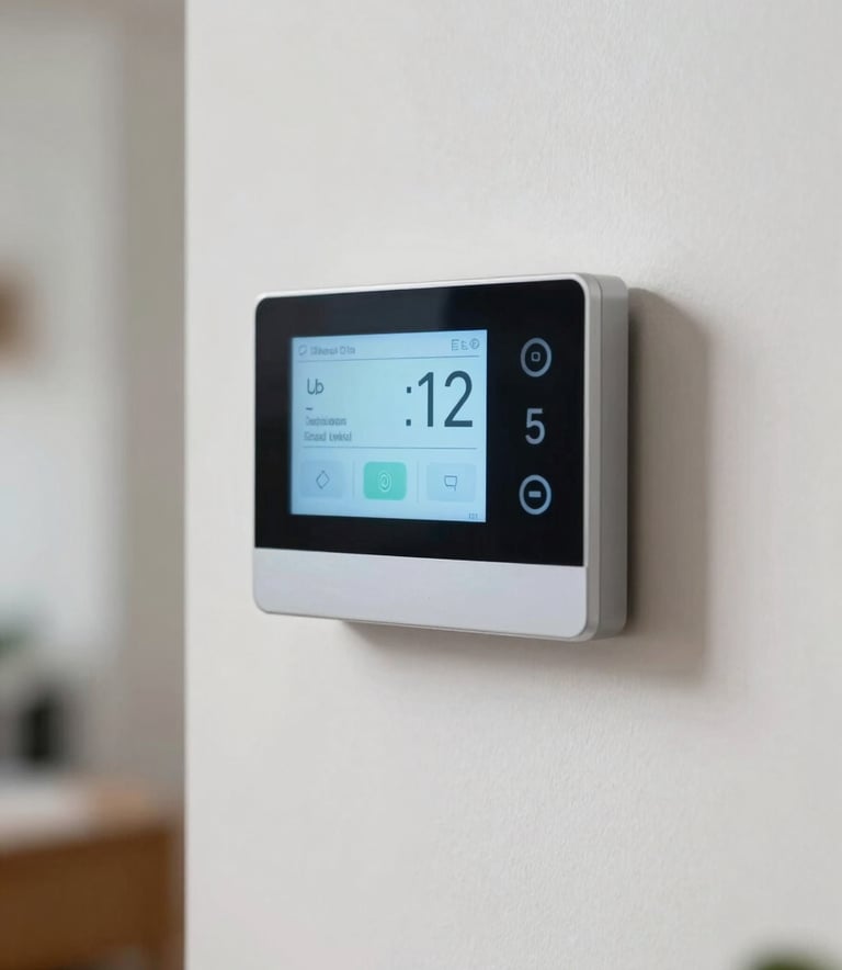 A high-quality photograph of a modern digital smart thermostat mounted on a clean wall in a North American home. The screen displays a comfortable temperature, and the composition is minimalist and professional.