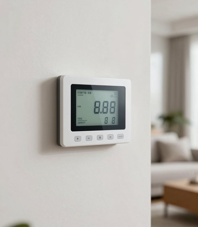 A high-end digital thermostat mounted on a clean, off-white wall inside a modern North American living room. Soft natural lighting, shallow depth of field, conveying comfort, modern technology, and climate control efficiency.