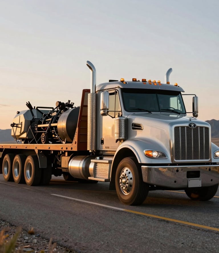 A powerful flatbed truck hauling heavy equipment on a scenic North American highway during the golden hour, captured with professional automotive photography style.
