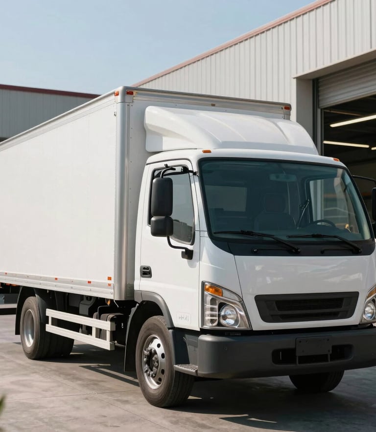 A clean, white box truck being professionally loaded at a modern North American distribution warehouse during a bright morning, emphasizing logistics efficiency.