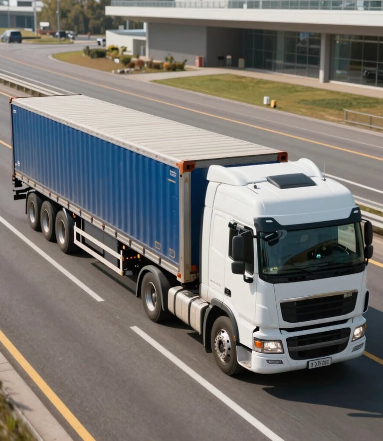 A high-angle professional photograph of a loaded flatbed truck moving efficiently along a modern North American highway under clear daylight. The composition highlights the precision and scale of logistics operations, using a palette of steel blue and white.