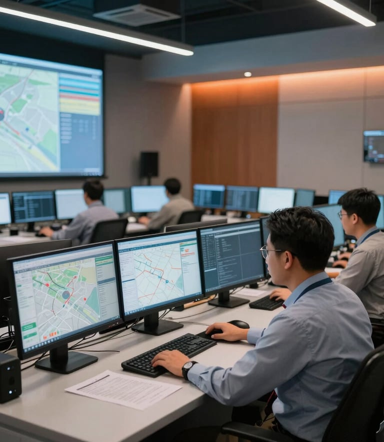 An interior shot of a modern, high-tech logistics control center in North America. Professional dispatchers work at clean desks with multiple large monitors showing maps and data, with soft steel blue and orange ambient lighting.