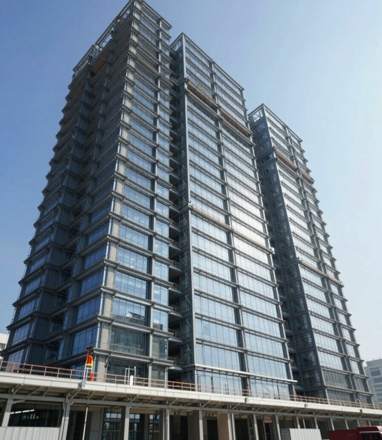 A low-angle shot of a massive government infrastructure project, possibly a new civic center, featuring sharp architectural lines, steel beams, and glass panels. The lighting is bright and authoritative, with a clear blue sky. Incorporates colors #2C3E50 and #5C7D99 in the materials.