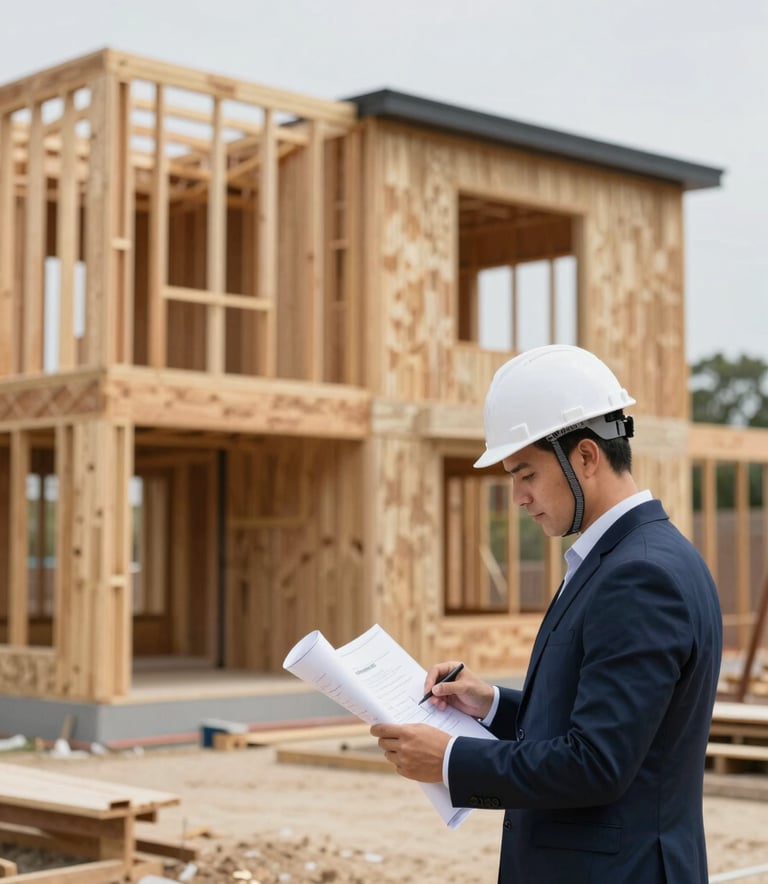 A sophisticated, high-end residential construction site showing the exterior framing of a modern luxury home. An architect in a white hardhat is reviewing blueprints. The lighting is crisp and clean, reflecting a mood of professionalism and craftsmanship. Colors include the warm tan of #A68A6B wood and the deep #2C3E50 of a professional suit.