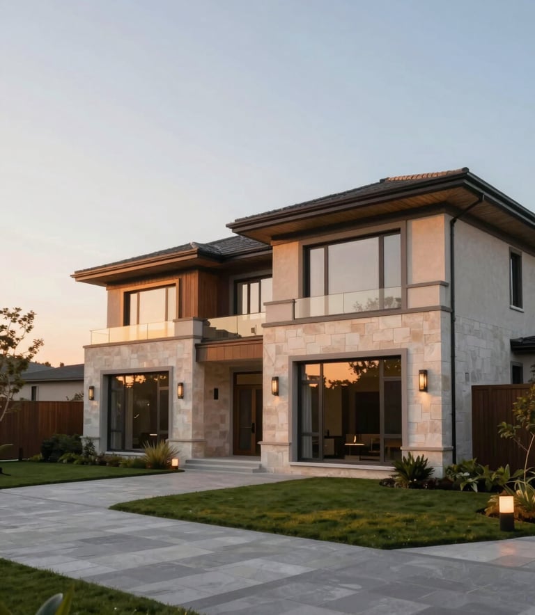 A stunning wide-angle exterior shot of a modern, luxury two-story residence with large windows and clean lines. The landscaping is pristine. Sunset lighting creates a warm, inviting glow. Elements of the house use stone and wood textures in colors similar to #A68A6B and #F5F5DC.