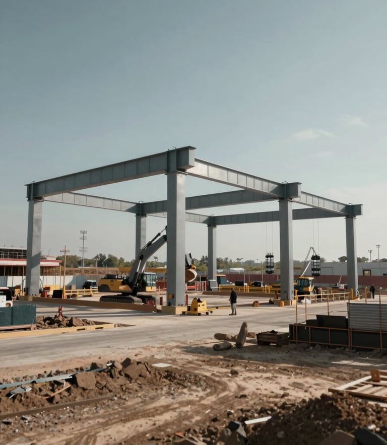 A wide-angle, professional photograph of a large-scale government infrastructure project under construction, featuring modern steel beams and heavy machinery. The scene is bathed in clear morning light, emphasizing modern efficiency and robust reliability. The palette includes industrial grays and hints of #5C7D99 in the sky and #A68A6B in the earth tones.