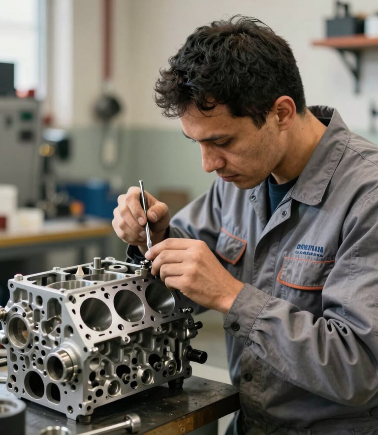 A professional Brazilian mechanic in clean grey uniform carefully inspecting a cylinder head. Modern workshop setting with sophisticated tools, soft natural lighting.