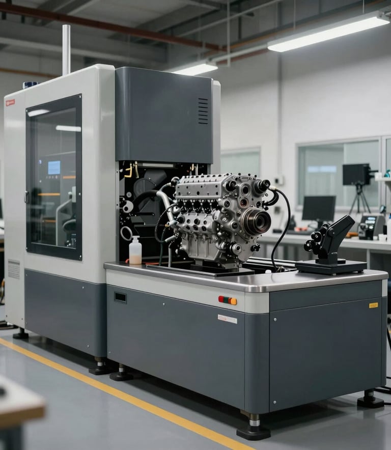 A wide-angle shot of a clean, sophisticated engine reconditioning facility in Brazil, featuring modern machinery and a professional atmosphere with cool grey and charcoal tones.