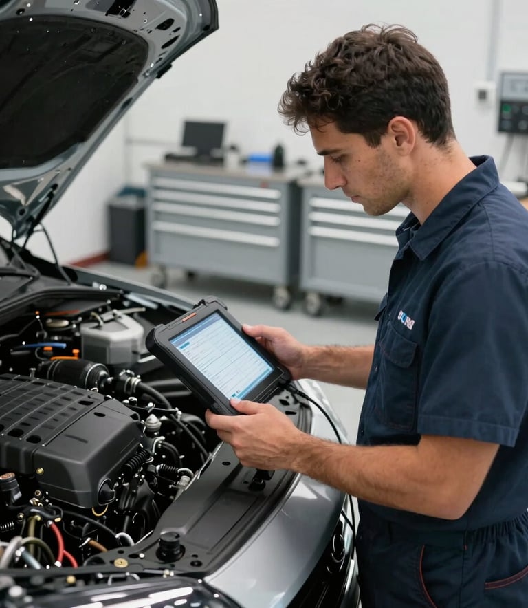 A professional South American / Brazilian automotive technician using a digital diagnostic tablet to inspect a vehicle's engine in a bright, modern workshop with steel-grey tool cabinets and clean floors.