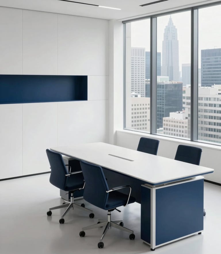 A high-angle photograph of a minimalist, modern office in an International / Global setting. The space features clean white surfaces, navy blue decorative accents, and a large window overlooking a professional urban skyline. The lighting is bright and clear.