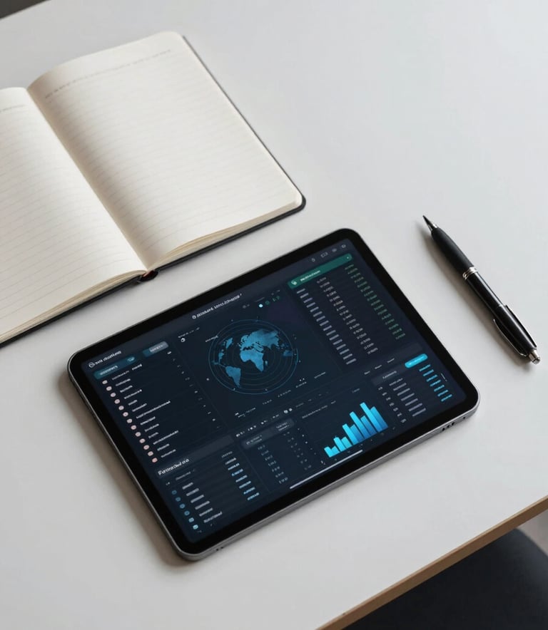A top-down view of a minimalist workspace in a global financial hub. A sleek tablet displays a complex analytical dashboard with subtle blue accents, next to a high-end notebook and a pen. The aesthetic is clean, professional, and sophisticated.