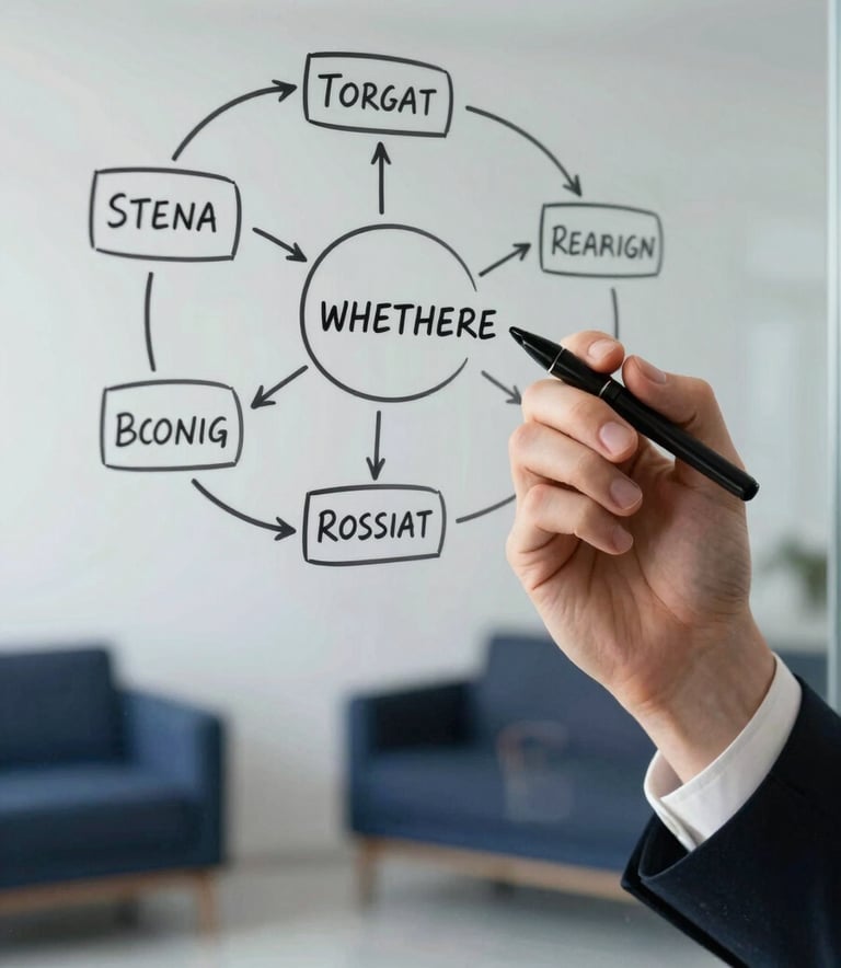 A professional photograph of a person's hand drawing a clean strategy diagram on a glass wall. The background is a bright, minimalist studio with navy blue furniture. The style is authoritative and professional, in an International / Global context.